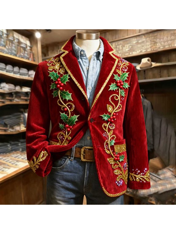 Mens Corduroy Christmas Jacket Casual One Button Holiday Party Blazer Sport Coats Ugly Xmas Print Suit Jacket