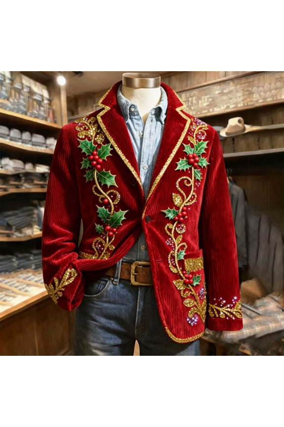 Miqool Mens Corduroy Christmas Jacket Casual One Button Holiday Party Blazer Sport Coats Ugly Xmas Print Suit Jacket