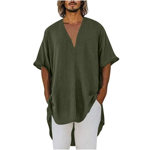 Miqool Mens Cotton Linen Shirts Casual Half Sleeve Loose Fit High-Low Hippie T-Shirt Summer Lightweight Beach Yoga Tops(Army Green, S)