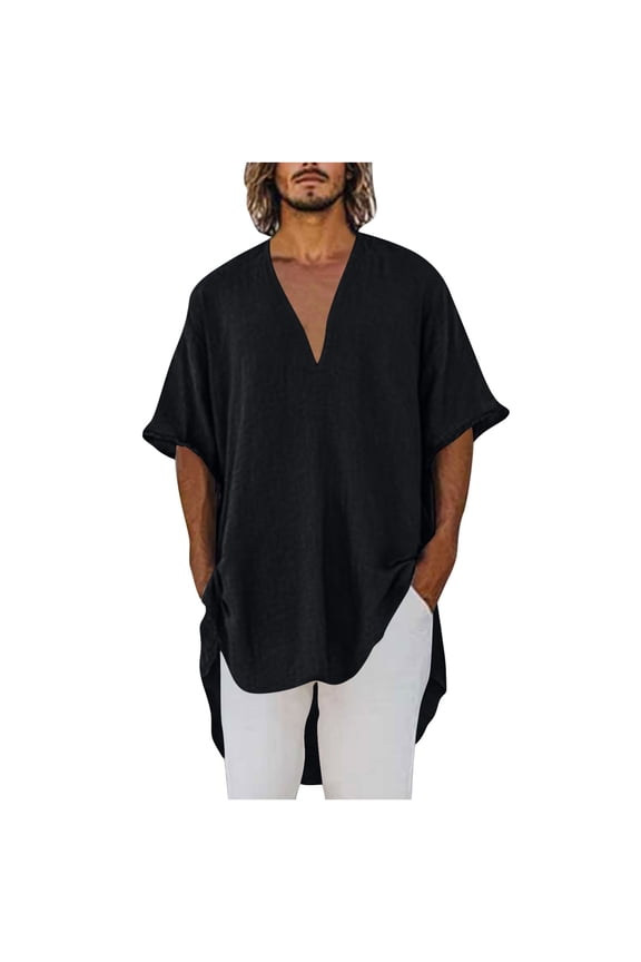 Mens Cotton Linen Shirts Casual Half Sleeve Loose Fit High-Low Hippie T-Shirt Summer Lightweight Beach Yoga Tops(Black, S)