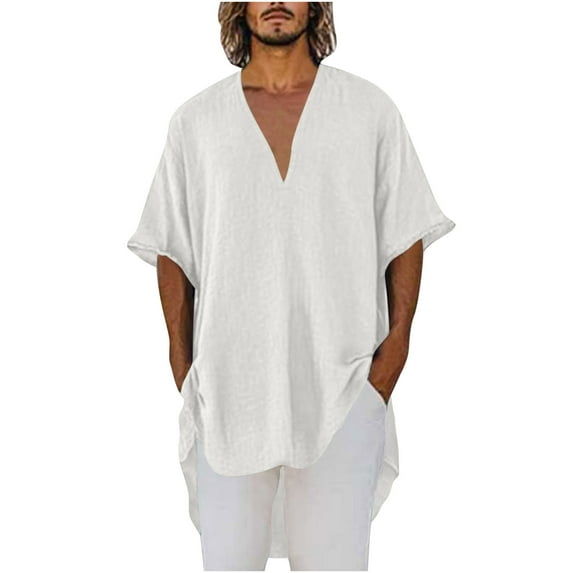 Miqool Mens Cotton Linen Shirts Casual Half Sleeve Loose Fit High-Low Hippie T-Shirt Summer Lightweight Beach Yoga Tops(White, 2XL)