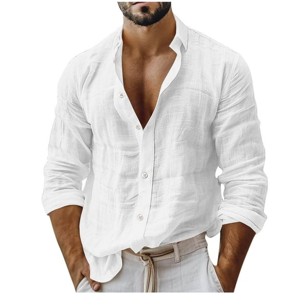 Miqool Mens Cotton Linen Shirts Casual Solid Long Sleeve Button Down Shirt Regular Fit Beach Shirts Lightweight Summer Plain Tops