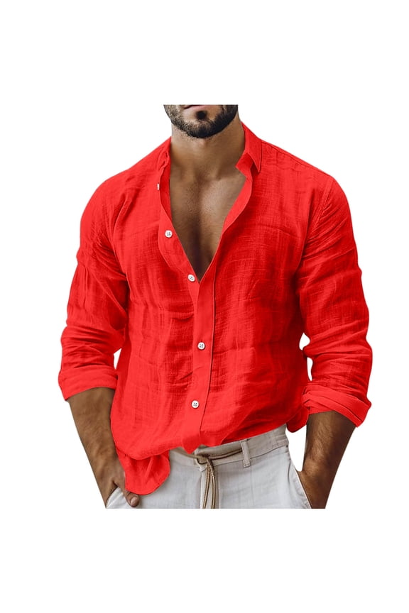 Mens Cotton Linen Shirts Casual Solid Long Sleeve Button Down Shirt Regular Fit Beach Shirts Lightweight Summer Plain Tops