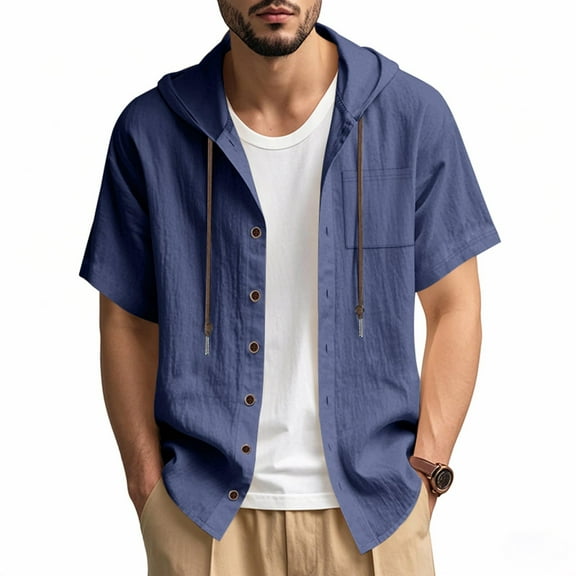 Miqool Mens Cotton Linen Shirts with Hood, Casual Short Sleeve Button Down Shirts Lightweight Hoodies Summer Beach Tops with Pocket