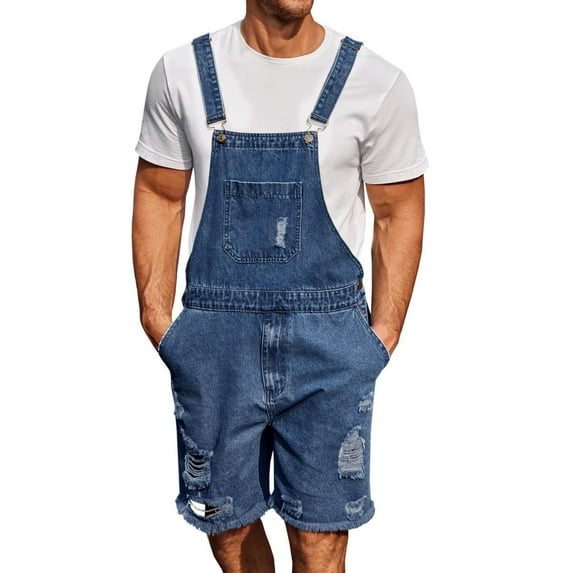 Miqool Mens Denim Bib Overall Ripped Distressed Jean Shorts Jumpsuit Loose Fit Adjustable Straps Romper Summer Workwear with Pockets