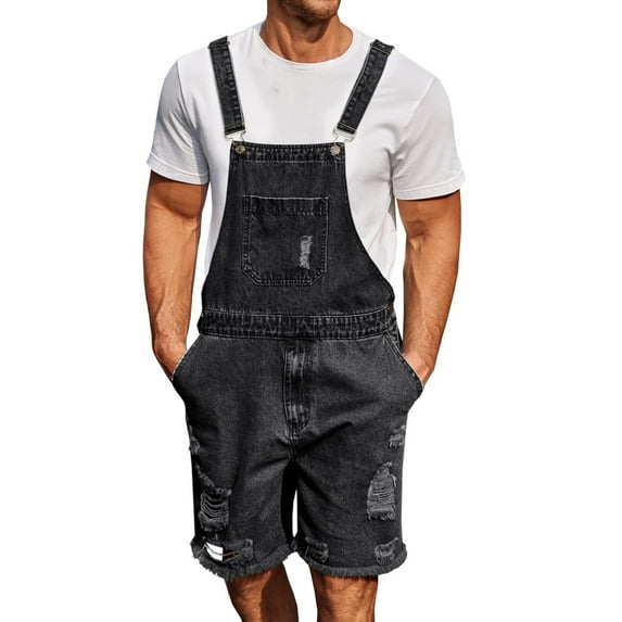 Miqool Mens Denim Bib Overall Ripped Distressed Jean Shorts Jumpsuit Loose Fit Adjustable Straps Romper Summer Workwear with Pockets