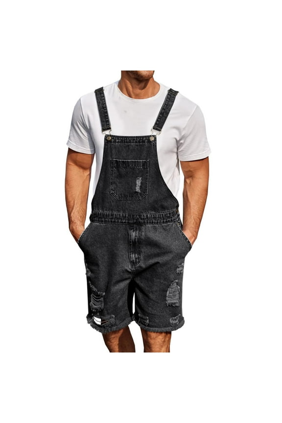 Mens Denim Bib Overall Ripped Distressed Jean Shorts Jumpsuit Loose Fit Adjustable Straps Romper Summer Workwear with Pockets
