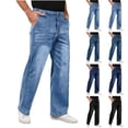 thumbnail image 1 of Miqool Mens Elastic Waist Jeans Washed Straight Leg Denim Pants Loose Fit Casual Trousers with Zipper and Button, 1 of 8