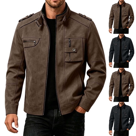 Miqool Mens Faux Leather Motorcycle Jacket Zip Up Casual Vintage Biker Coat Stand Collar Long Sleeve Outerwear with Pockets