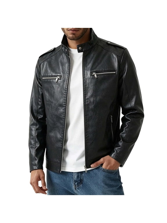 Mens Faux Leather Racer Jacket Stand Collar Zip Front Motorcycle Biker Coat Long Sleeve Outerwear with Chest and Side Pockets