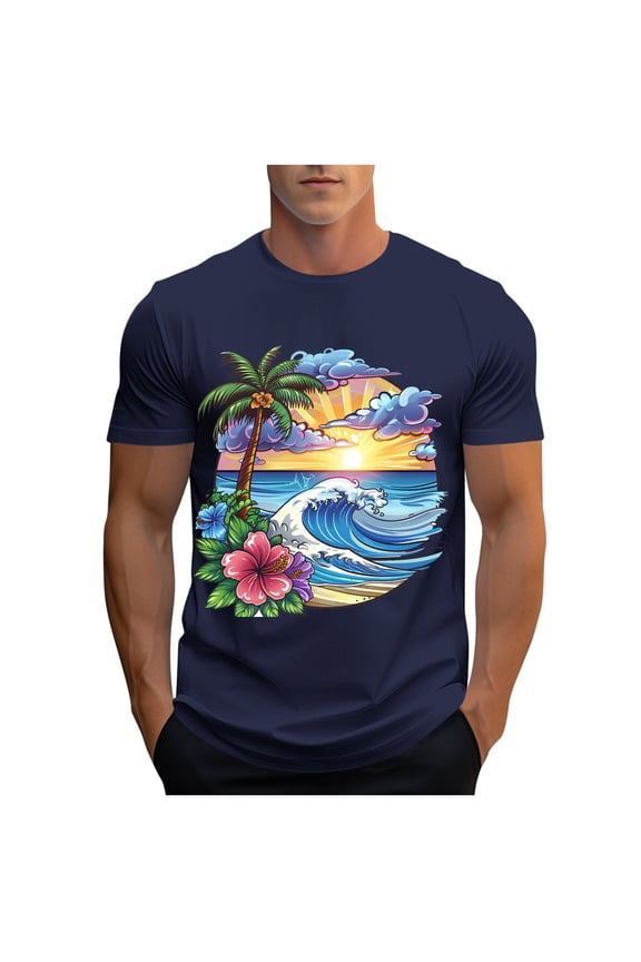 Mens Graphic T-Shirts Crew Neck Short Sleeve Hawaiian Tropical Palm Tree Floral Tees Tops Muscle Slim Fitted Workout Athletic Gym Shirts