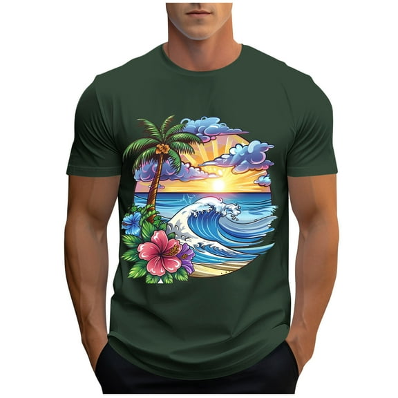 Miqool Mens Graphic T-Shirts Crew Neck Short Sleeve Hawaiian Tropical Palm Tree Floral Tees Tops Muscle Slim Fitted Workout Athletic Gym Shirts