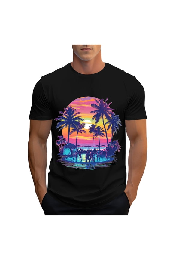 Mens Hawaiian Tropical T Shirts Crew Neck Short Sleeve Palm Tree Graphic Tees Tops Muscle Slim Fitted Workout Athletic Gym Shirts