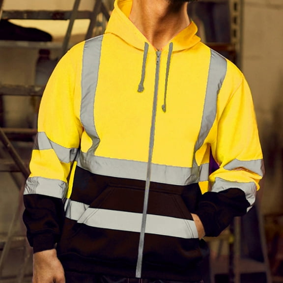 Miqool Mens High Visibility Hoodie Class 3 Reflective Safety Jackets Rain Coat Hi Vis Hooded Sweatshirts Work Windbreakers