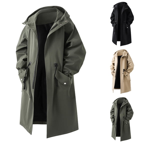Miqool Mens Hooded Windbreaker Jacket Belted Mid Length Zip Up Long Sleeve Trench Coat with Pockets Fall Winter M-3XL