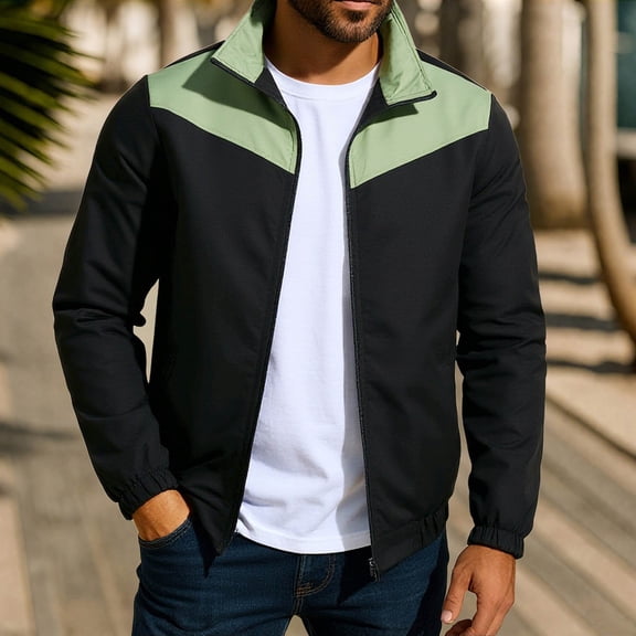 Miqool Mens Jacket Lightweight Color Block Bomber Jacket Patchwork Fall Zip Up Coat