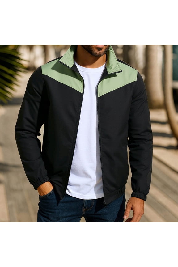 Mens Jacket Lightweight Color Block Bomber Jacket Patchwork Fall Zip Up Coat