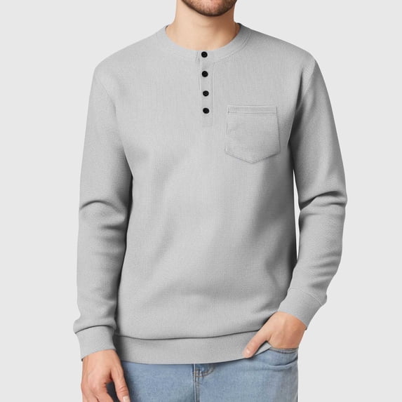 Miqool Mens Knit Sweater Long Sleeve Mid-Weight Soft Pullover Shirt with Pocket Casual Waffle Thermal Button T-Shirts