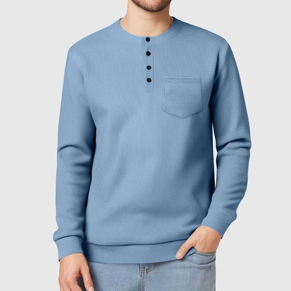 Miqool Mens Knit Sweater Long Sleeve Mid-Weight Soft Pullover Shirt with Pocket Casual Waffle Thermal Button T-Shirts
