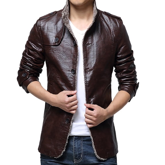 Miqool Mens Leather Jacket Slim Fit Stand Collar Fleece Lined Motorcycle Biker Jackets Casual Lightweight Vintage Bomber Jackets Winter Warm Coats Outerwear