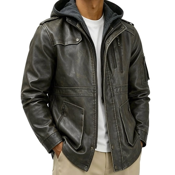 Miqool Mens Leather Motorcycle Jacket Pu Leather Windproof Fall Winter Coats Riding Moto Biker Jacket with Removable Hood and Multi Pockets