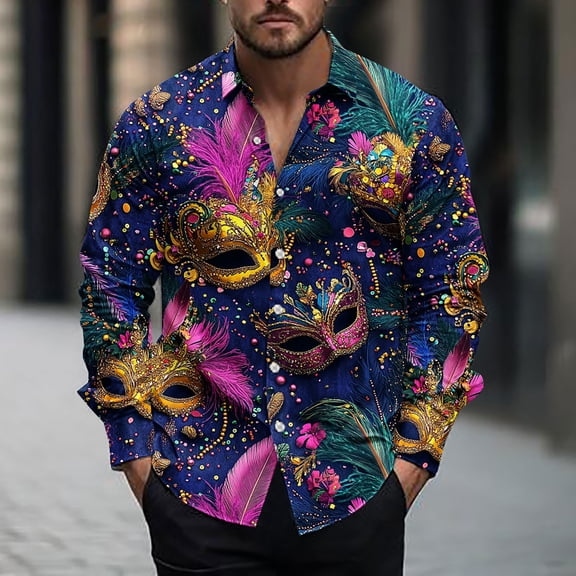 Miqool Mens Mardi Gras Shirt Long Sleeve Button Loose Tuesday Shirt