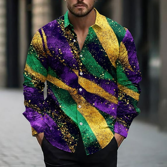 Miqool Mens Mardi Gras Shirt Long Sleeve Button Loose Tuesday Shirt