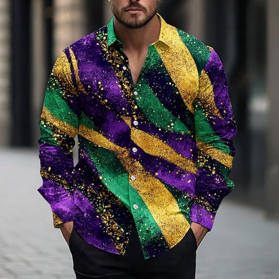 Miqool Mens Mardi Gras Shirt Long Sleeve Button Loose Tuesday Shirt