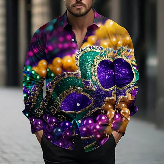 Miqool Mens Mardi Gras Shirt Long Sleeve Button Loose Tuesday Shirt