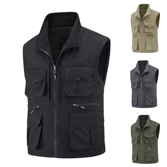 Miqool Mens Reversible Fleece Vest Stand Collar Zip Up Sleeveless Tactical Outdoor Cargo Vest with Pockets M‑5XL