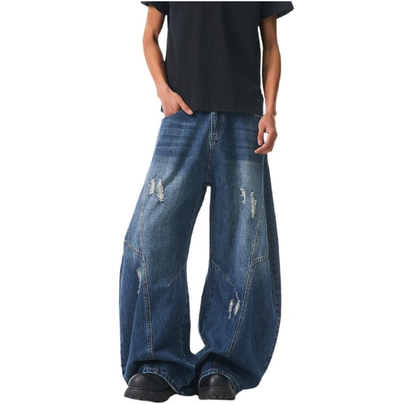 Miqool Mens Ripped Baggy Jeans Vintage Hip Hop Wide Leg Denim Pants Casual Loose Long Trousers Streetwear(Dark Blue, M)