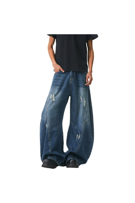 Mens Ripped Baggy Jeans Vintage Hip Hop Wide Leg Denim Pants Casual Loose Long Trousers Streetwear(Dark Blue, XXL)