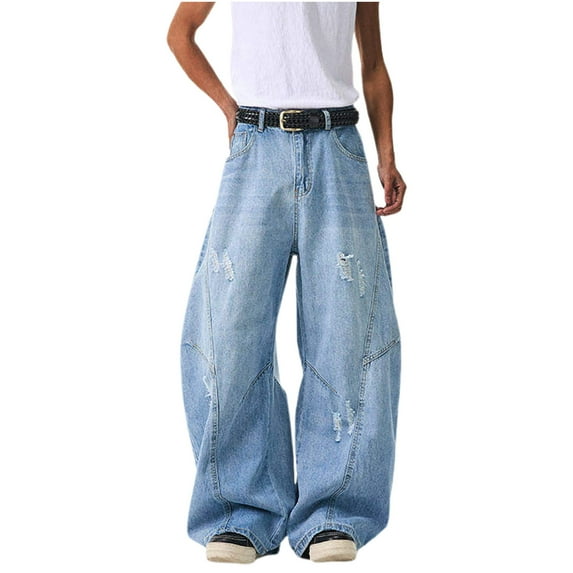 Miqool Mens Ripped Baggy Jeans Vintage Hip Hop Wide Leg Denim Pants Casual Loose Long Trousers Streetwear(Light Blue, XXL)