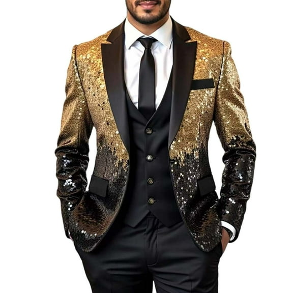 Miqool Mens Sequin Blazer Tuxedo Party Prom Fashion Metallic Jacket Shiny Outfit Wedding Tuxedo One Button Jacket