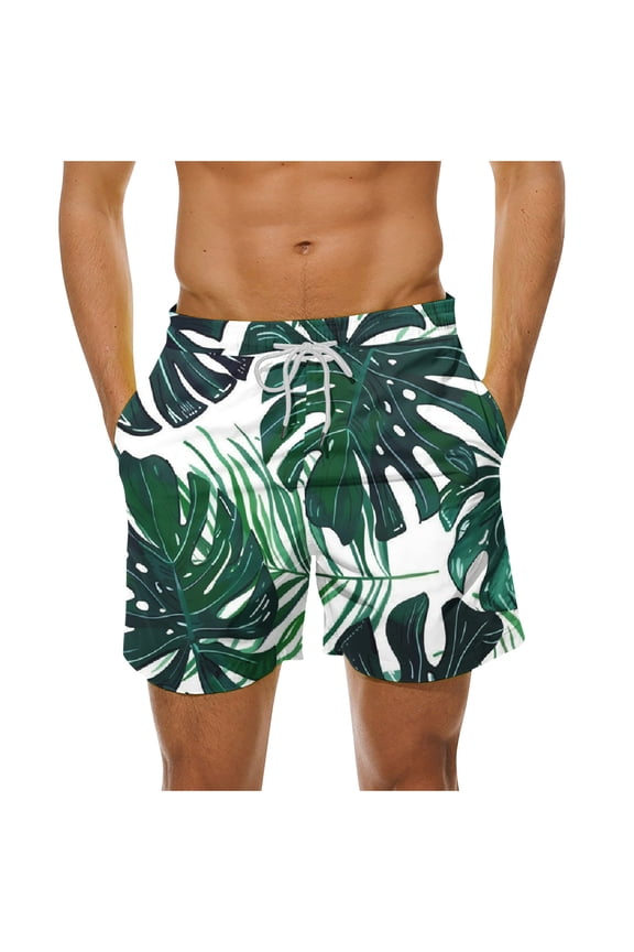 Mens Swim Trunks with Pockets, Quick Dry Swim Shorts Hawaiian Tropical Print Summer Holiday Beach Board Shorts Swimwear Bathing Suits
