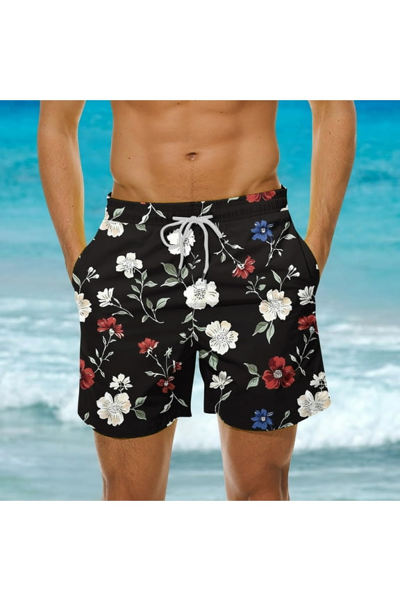 Mens Swim Trunks with Pockets, Quick Dry Swim Shorts Hawaiian Tropical Print Summer Holiday Beach Board Shorts Swimwear Bathing Suits