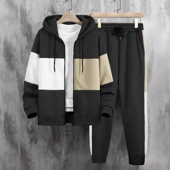 Miqool Mens Tracksuit 2 Piece Set Color Block Fleece Winter Casual Outfits Full Zip Hoodie Sweatshirt and Sweatpants Sweatsuit