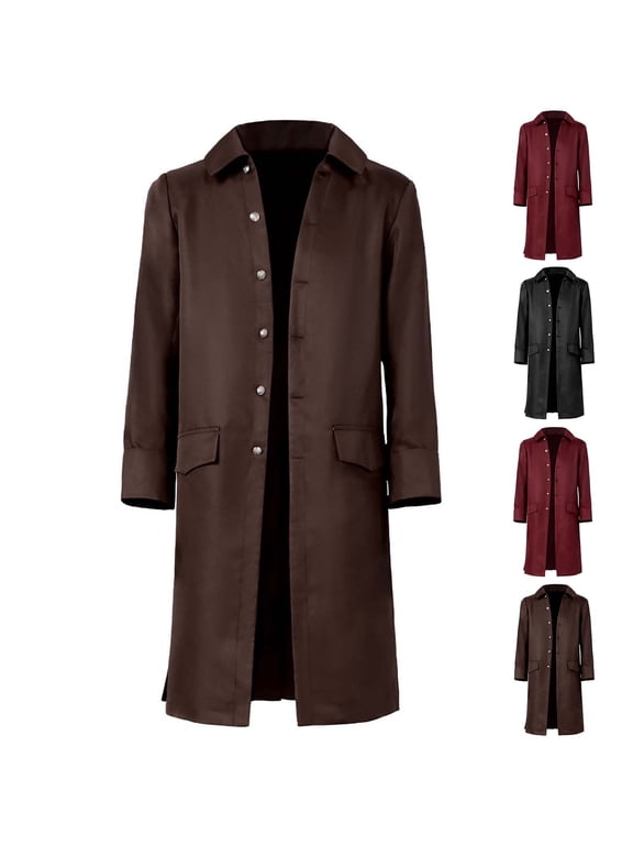 Mens Trench Coat Medieval Halloween Windbreaker Costume Long Sleeve Single Breasted Uniform Jacket Overcoat