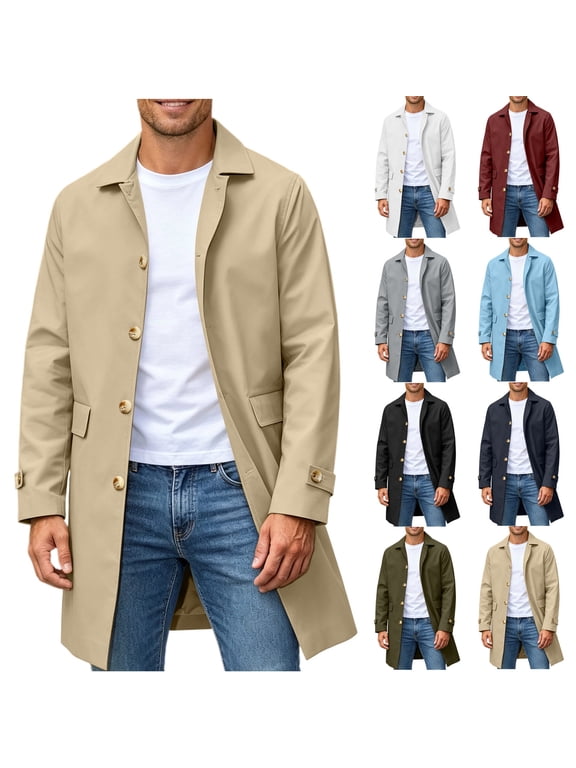 Mens Trench Coat Turndown Collar Button Down Long Sleeve Mid Length Winter Casual Business Outerwear Overcoats with Pockets M-XXXL