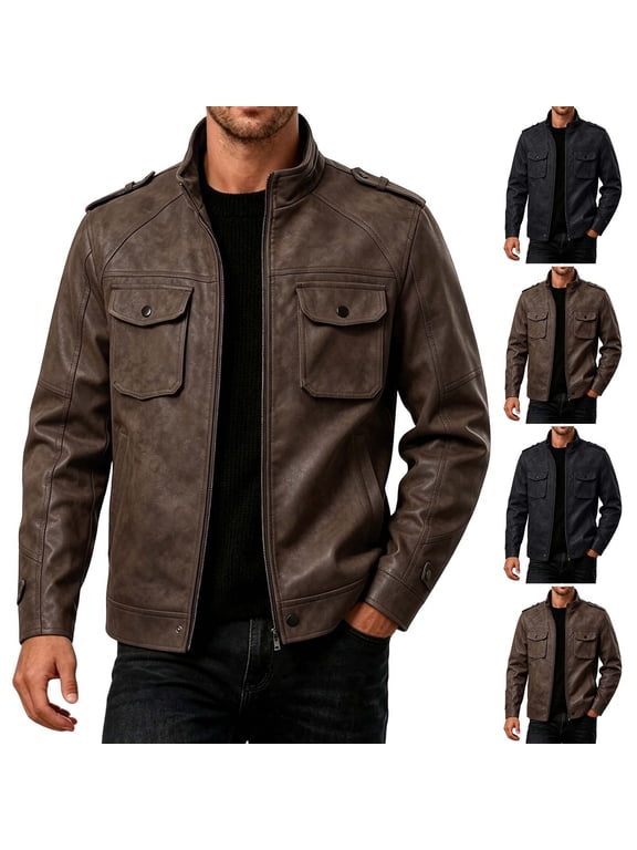 Mens Vintage Motorcycle Jacket Zip Up Long Sleeve Faux Leather Biker Coat Fall Winter Casual Racer Outerwear with Pockets