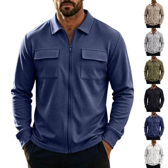Miqool Mens Waffle Zip Up Shirts Jacket Casual Collared Long Sleeve Lightweight Overshirts with Pockets