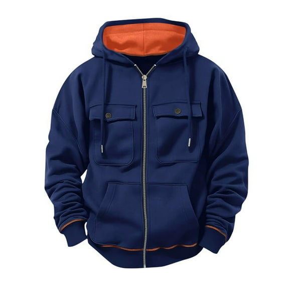 Miqool Mens Zip Up Hoodie Fleece Cargo Workout Long Sleeve Hooded Sweatshirt Fall Casual Athletic Outfits Multi Pockets