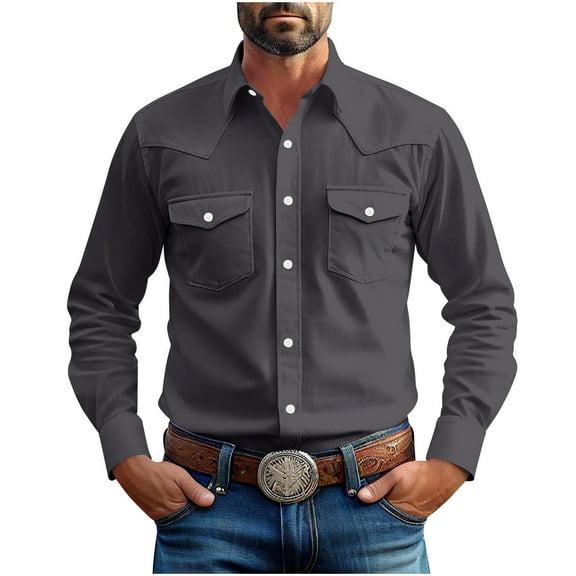 Miqool Mens and Big Mens Cowboy Western Shirts Long Sleeve Dress Shirts Stretch Solid Casual Button Down Work Shirts with Pockets