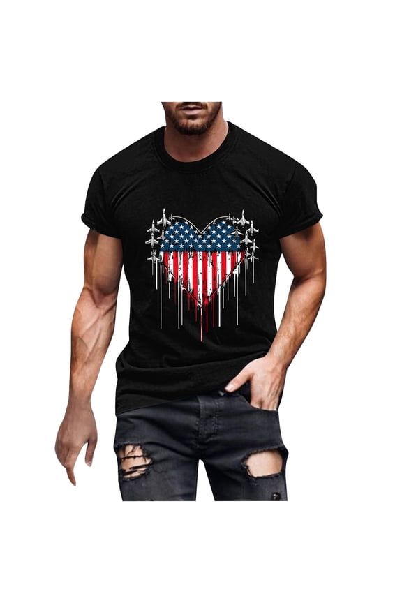 Mens and Big Mens USA Flag T Shirts Short Sleeve Crewneck 4th of July Shirt American Flag Heart Print Independence Day Patriotic Tops