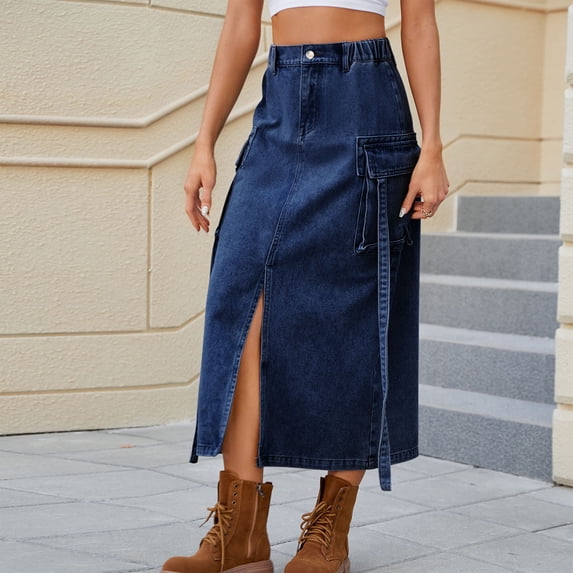 Miqool Midi Denim Skirt Women High Waisted Flap Pockets A-Line Long Jean Skirt
