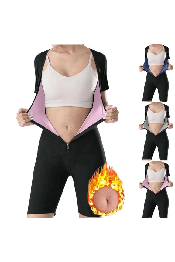 One Piece Sauna Suit for Women Short Sleeve Waist Trainer Corset Shapewear Zip Up Shorts Jumpsuit