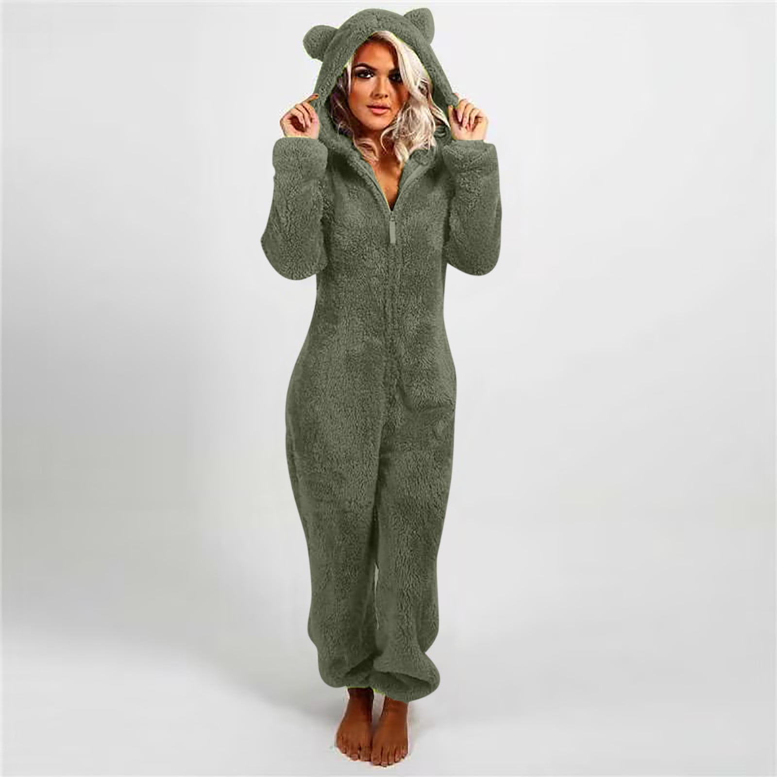 Miqool Onesie Pajamas for Women Zipper Ear Hooded Plush Jumpsuit Fuzzy Warm Homewear Rompers Sleepwear Plus Size