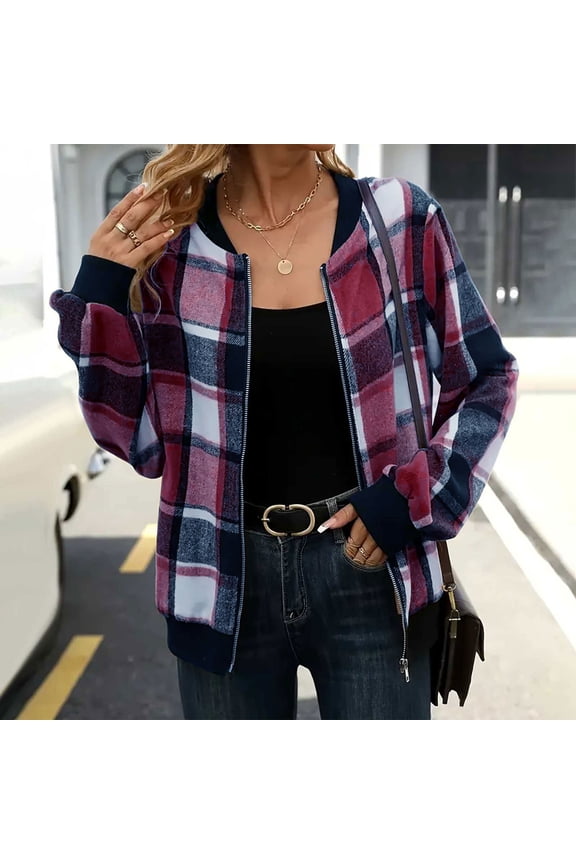 Plaid Shirts for Women Zip Up Shackets Jackets Casual Long Sleeve Flannel Jacket Fall Outfits