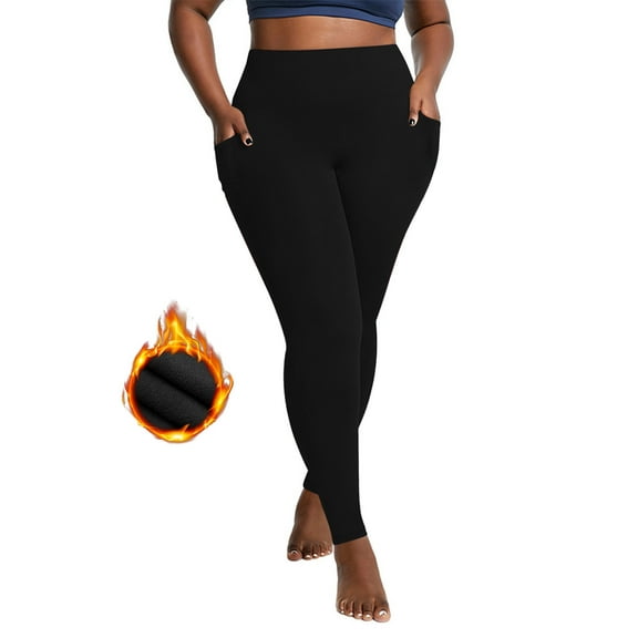 Miqool Plus Size Fleece Lined Leggings with Pockets Quick Dry Thermal Winter Warm Velvet Tights Stretch Workout Yoga Pants