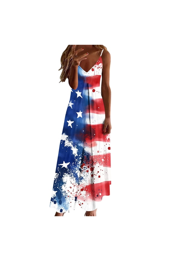 Plus Size Patriotic Maxi Dresses for Women Independence Day USA Flag Printed Dress Sleeveless Loose Beach Sundress
